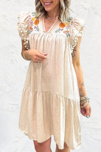 Floral Embroidery Pom Pom Ruffle Sleeves Mini Dress