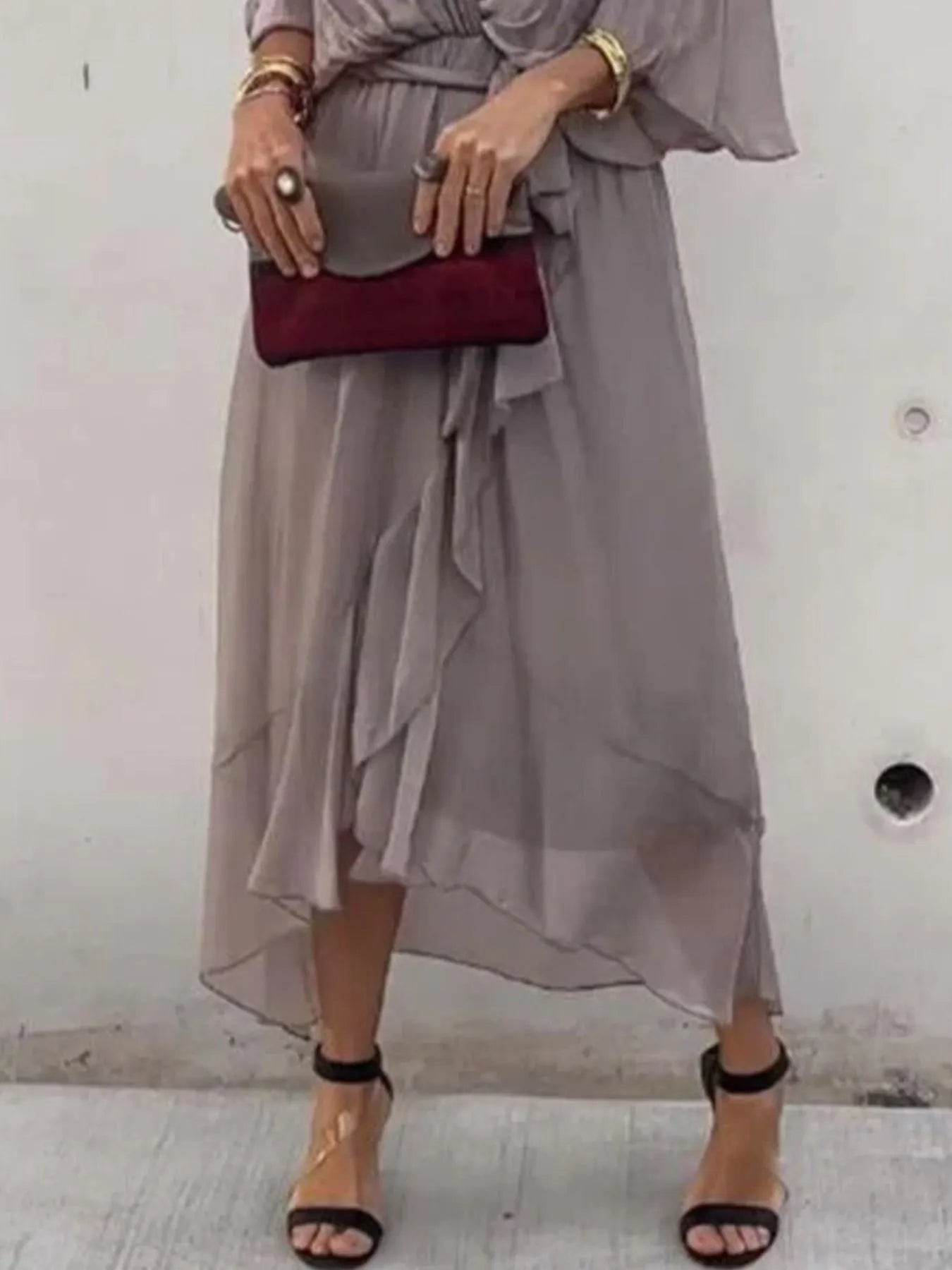 Full Size Flowy Tie Front Midi Dress with Flutter Sleeves Plus Size - Store 42