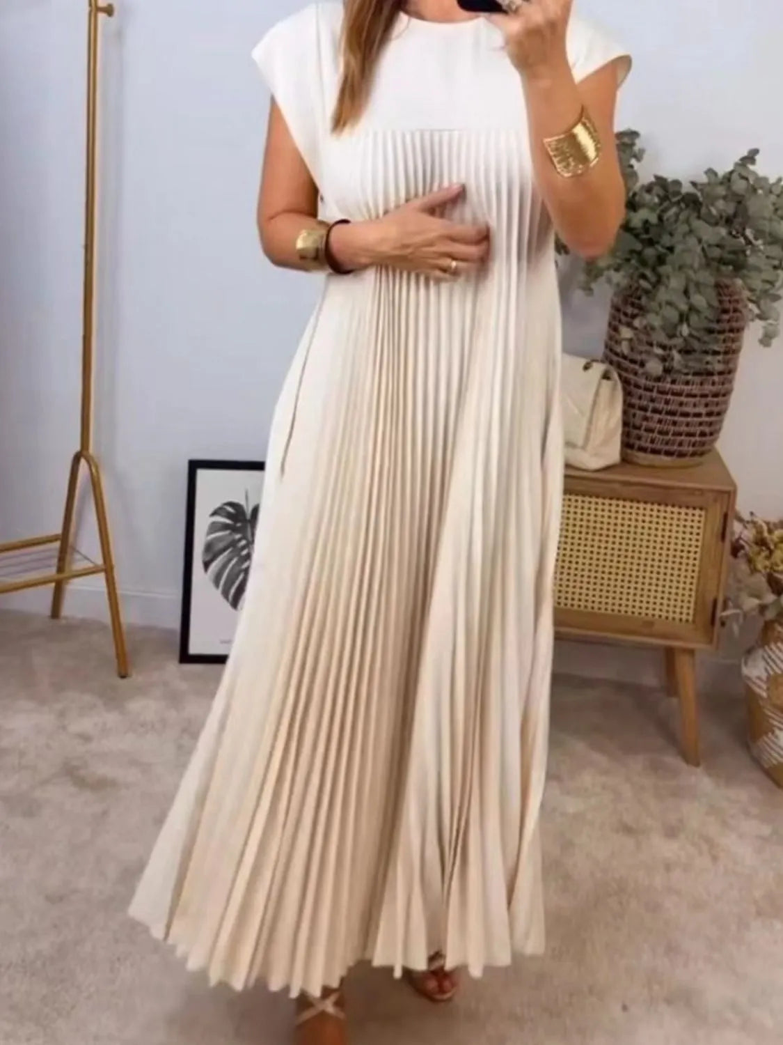 Plus Size Full Length Pleated Round Neck Maxi Dress with Pockets - 100% Polyester