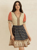 Printed V-Neck Short Sleeve Dress
