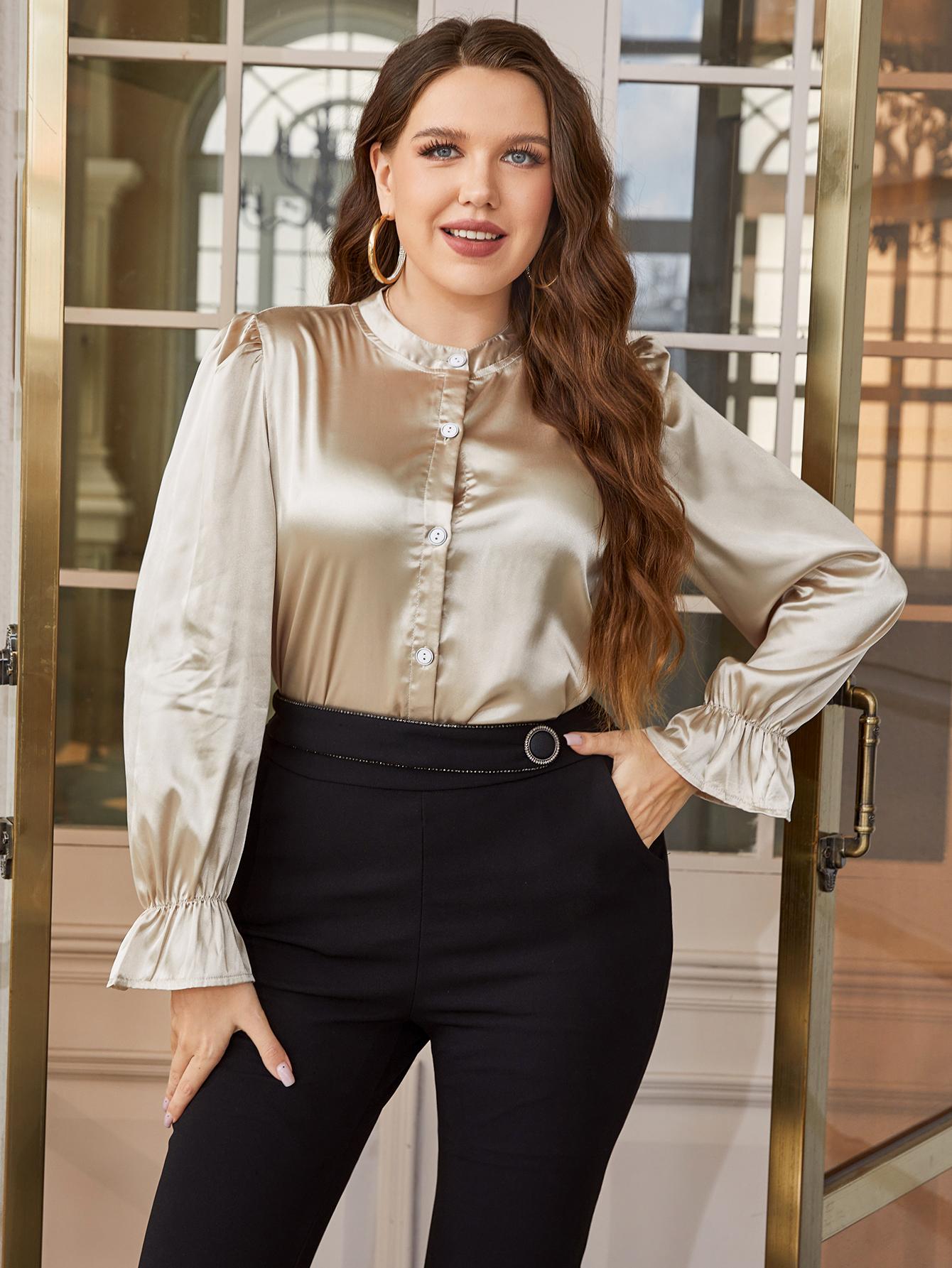 Chic Plus Size Band Collar Shirt With Flounce Sleeves - Solid Casual Style