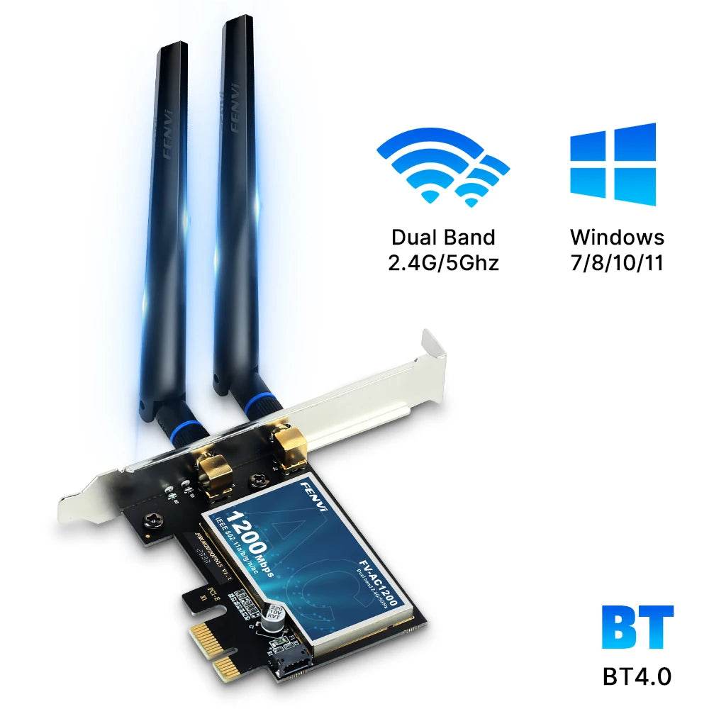 FENVI FV-AC1200 PCIe WiFi Card - 1200Mbps Dual Band 2.4GHz/5GHz, Easy Install for Gaming & Streaming