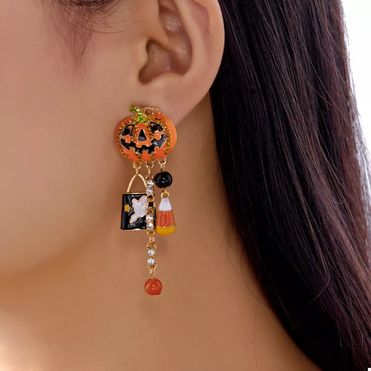 Spooky 18K Gold-Plated Halloween Pumpkin Drop Earrings with Rhinestones and Resin