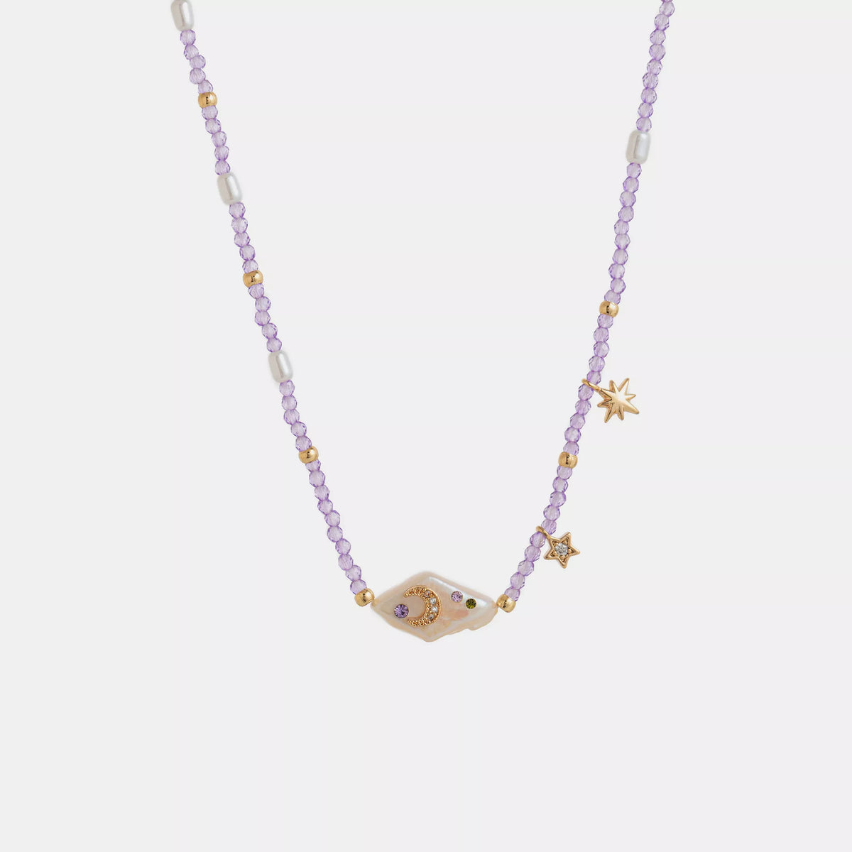 Freshwater Pearl Star and Moon Necklace with 18K Gold-Plated Accents and Zircon Beads