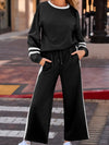 Contrast Trim Round Neck Top and Pants Set Black