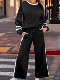 Contrast Trim Round Neck Top and Pants Set Black