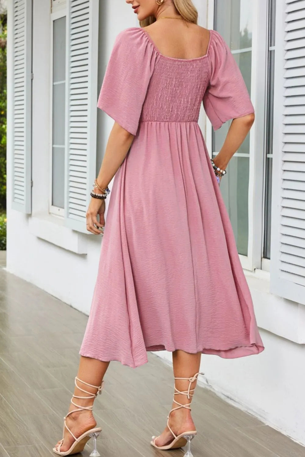 Floral Smocked Tie Front Flutter Sleeve Midi Dress - 100% Polyester, Opaque, Non-Stretch