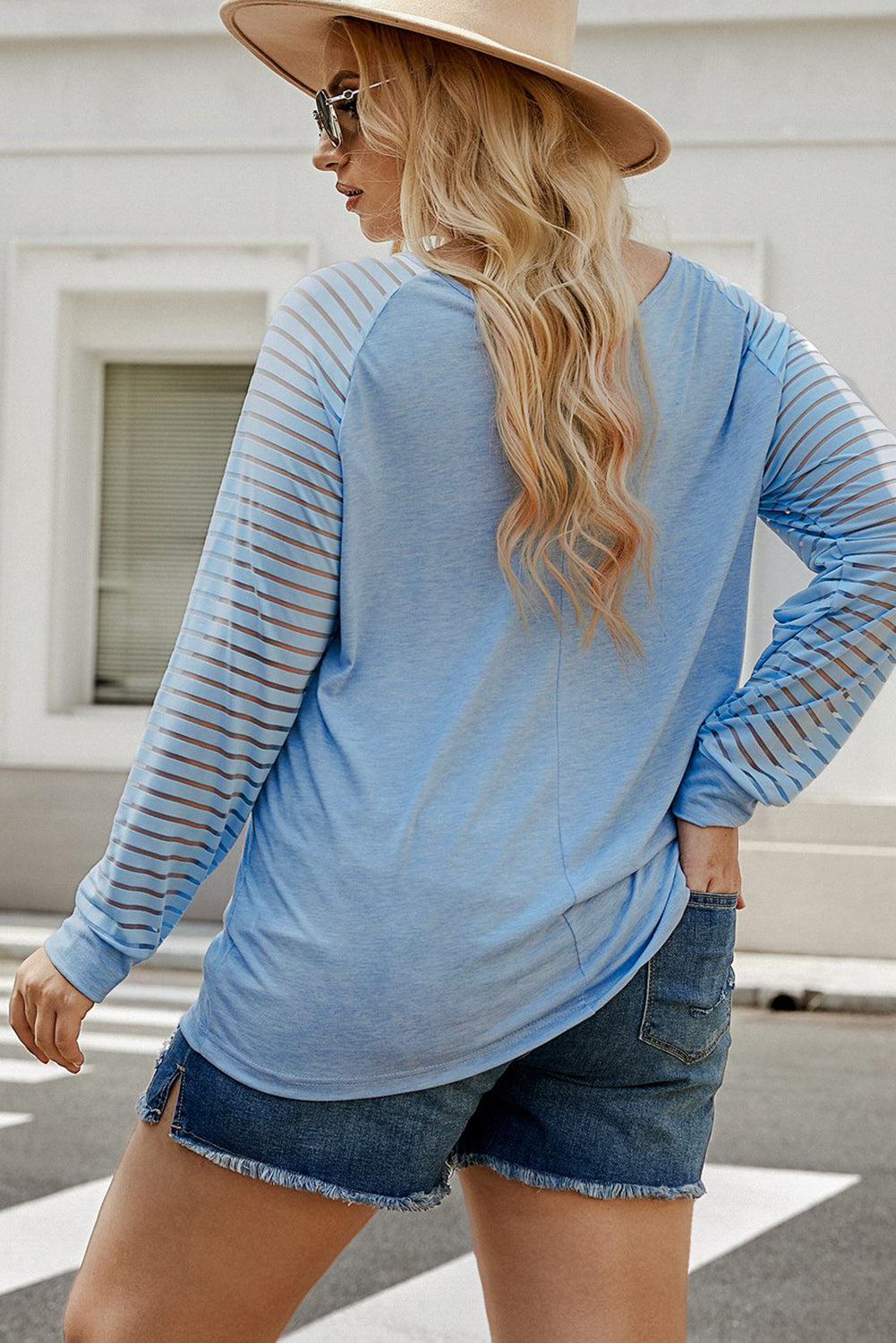 Plus Size Casual V-Neck Top with Sheer Striped Raglan Sleeves - Perfect for Everyday Wear
