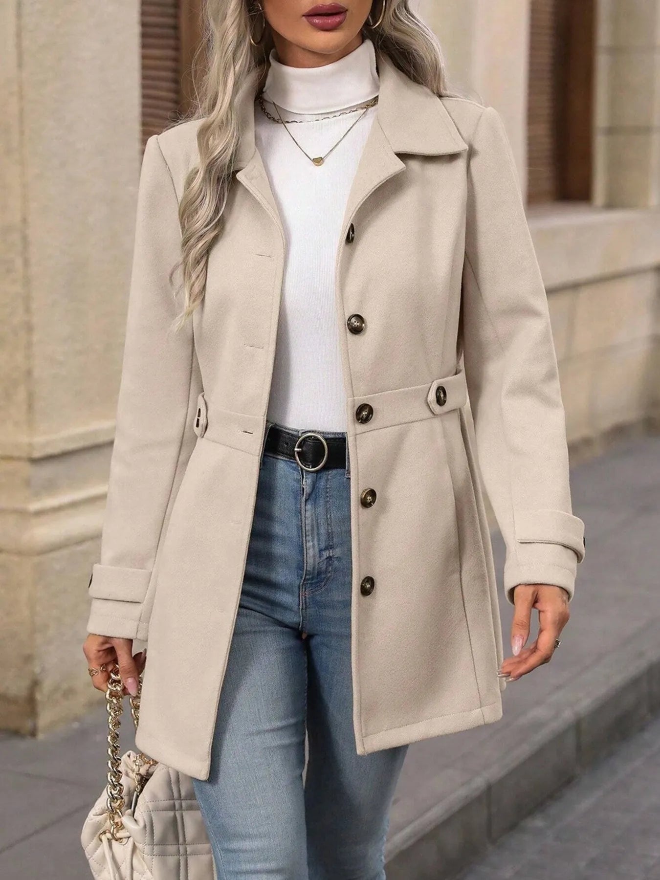 Chic Button-Up Long Sleeve Coat in 100% Polyester – Sleek Design & Comfortable Fit for All Occasions