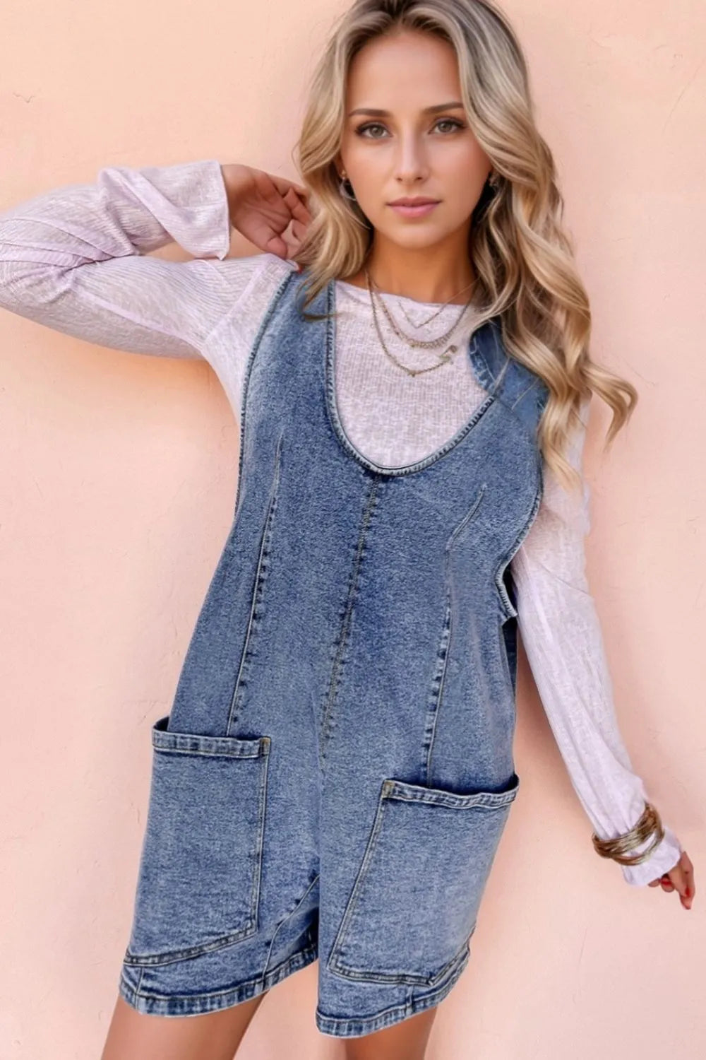 U Neck Denim Overalls With Patched Pockets - 65% Cotton, No Stretch, Stylish Fit