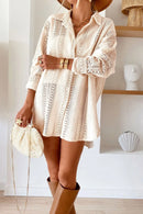 Lace Crochet Collared Neck Oversized Shirt Beige