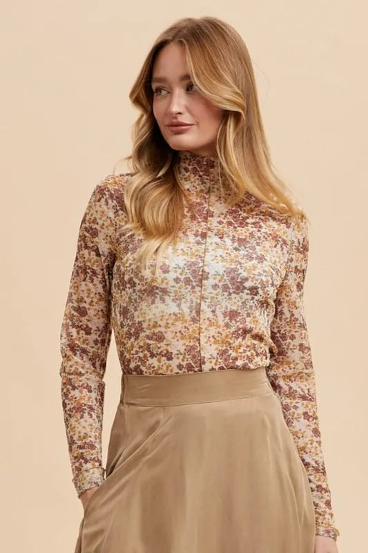 Annie Wear Sheer Mesh Floral Top with Playful Lettuce Hem - Trendy and Feminine Style