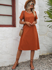 Ivy Lane Round Neck Short Sleeve Dress with Pockets Caramel