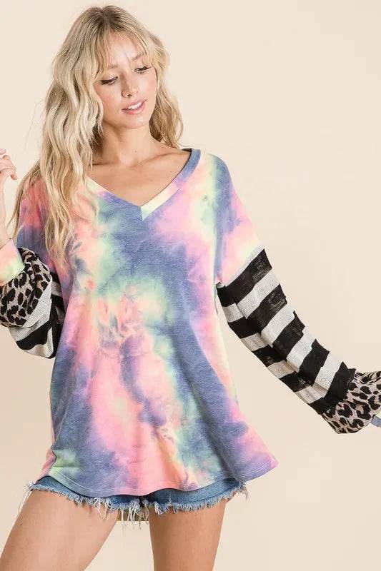 BiBi Tie Dye V Neck Top With Stripe Puff Sleeves - Trendy Colorful Casual Wear
