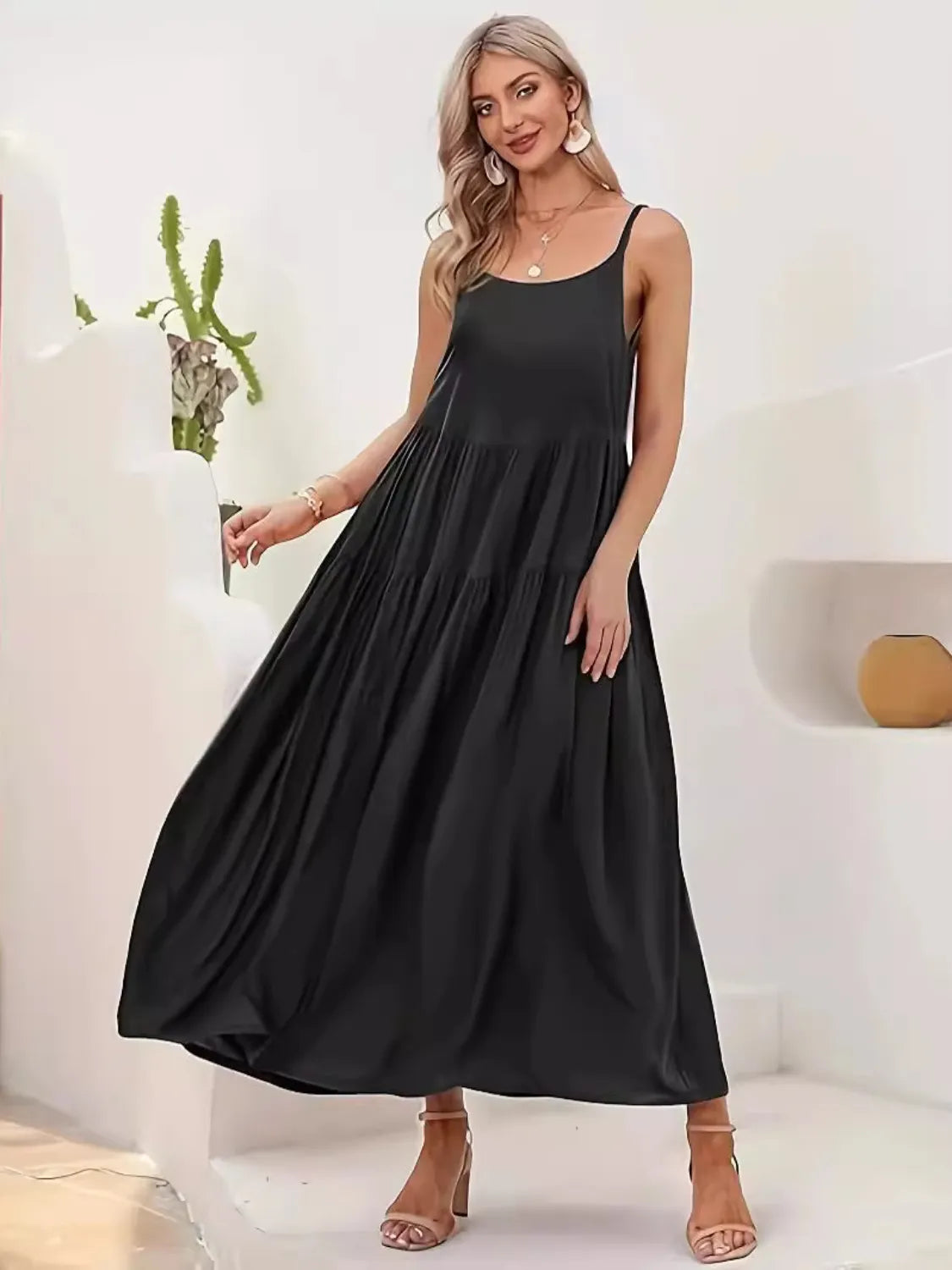Stylish Plus Size Sleeveless Midi Cami Dress with Scoop Neck - Slightly Stretchy Fabric