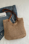 Openwork Woven Tote Bag Camel One Size