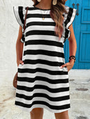 Striped Ruffle Sleeve Casual Summer Dress Black