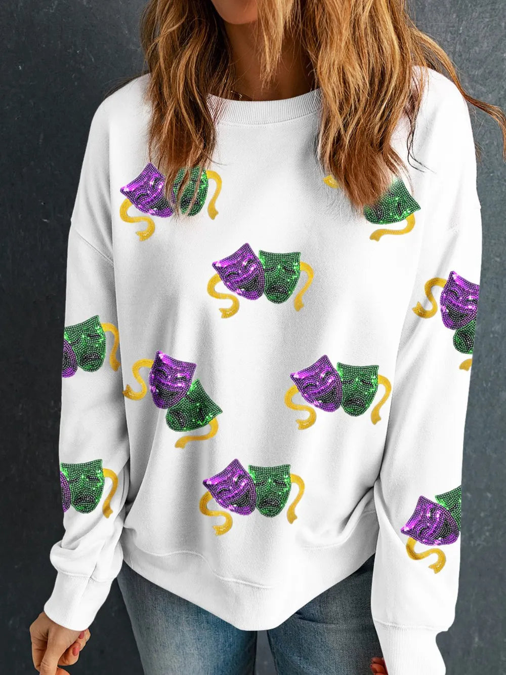 Stylish Sequin Round Neck Long Sleeve Sweatshirt - Slightly Stretchy, Comfortable Fit