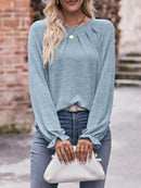 Slightly Stretchy Ruched Round Neck Long Sleeve T-Shirt - Casual Everyday Essential - Store 42