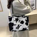 Large Cow Print Furry Tote Bag - Stylish Faux Fur, PU Leather, and Polyester Material - Store 42