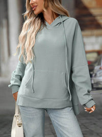 Slightly Stretchy Textured Drawstring Long Sleeve Hoodie with Pocket - Trendy Casual Wear - Store 42