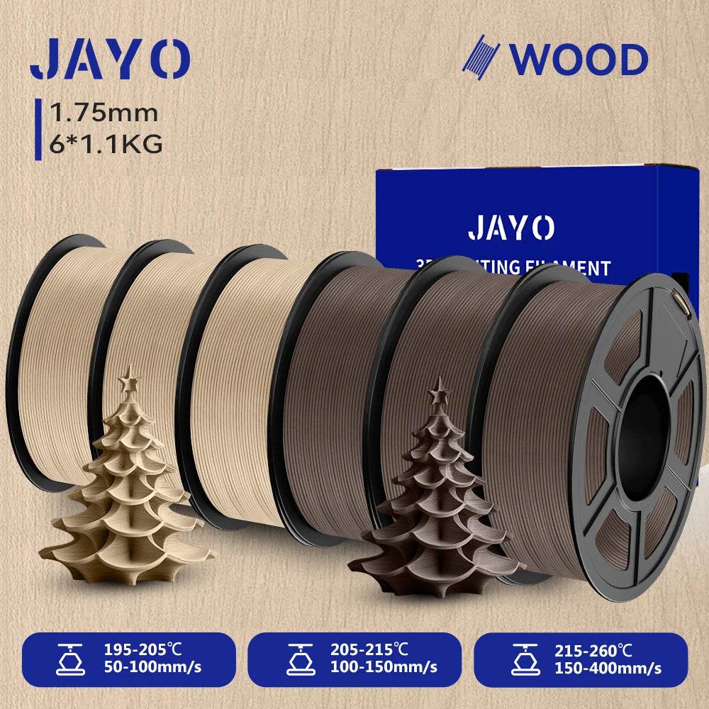 JAYO Wood PLA 3D Filament 1.75mm 1.1kg - 6 Roll Set with Authentic Wood Texture & Finish 3MW-3WL United States