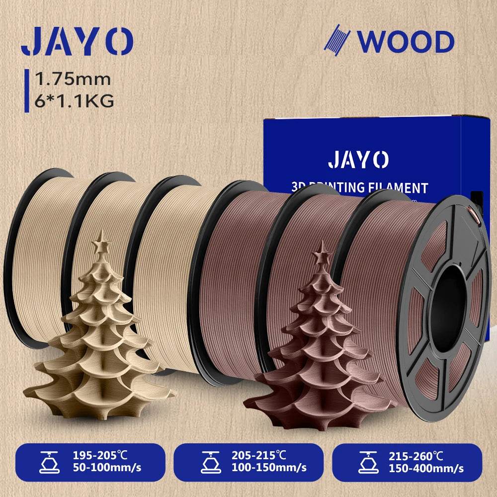 JAYO Wood PLA 3D Filament 1.75mm 1.1kg - 6 Roll Set with Authentic Wood Texture & Finish 3MW-3CW United States