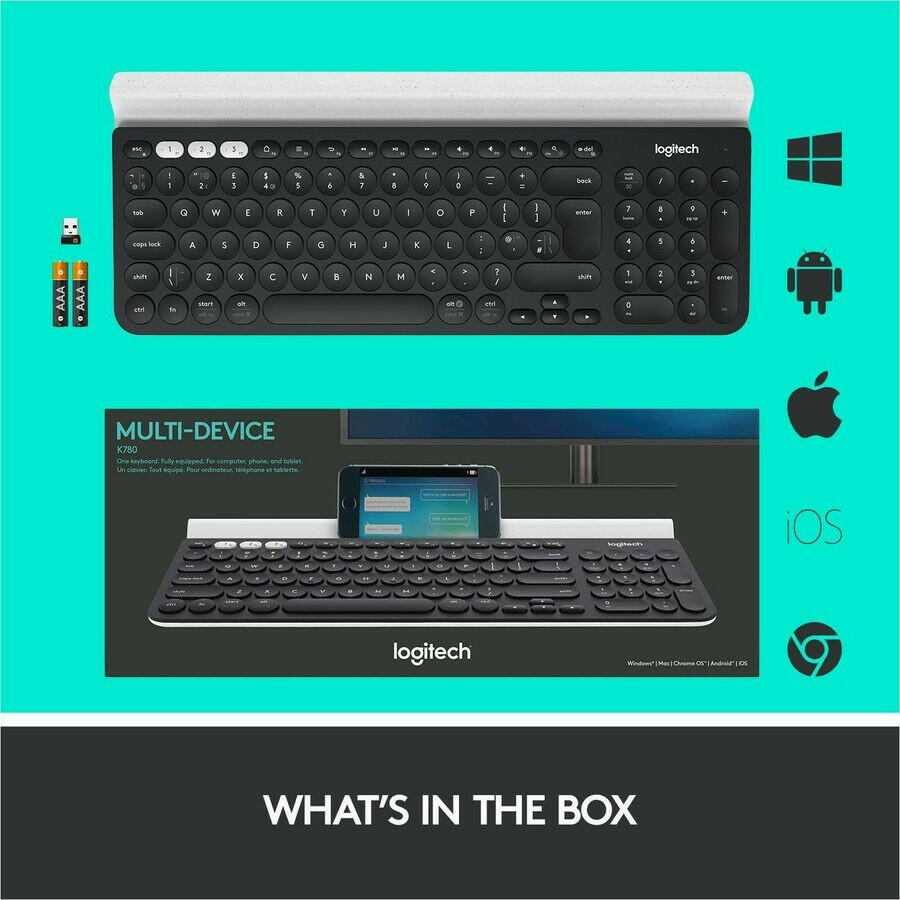Logitech K780 Multi-Device Wireless Keyboard - Bluetooth & 2.4G USB, Slim Ergonomic Design