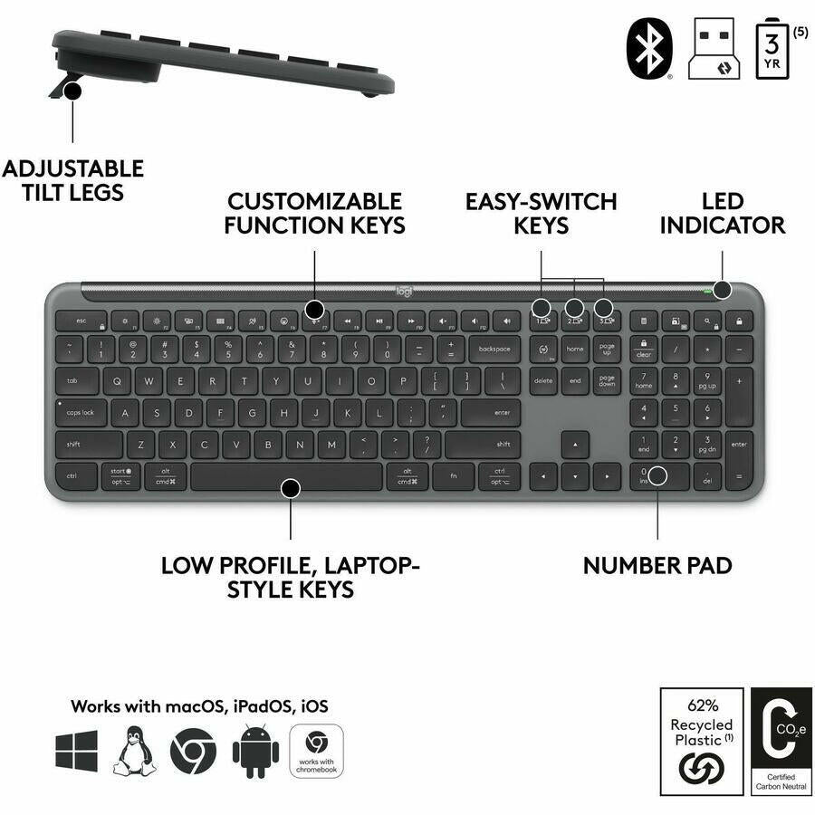 Logitech MK955 Wireless Keyboard And Mouse Combo - Quiet Operation, Multi-Device, Eco-Friendly