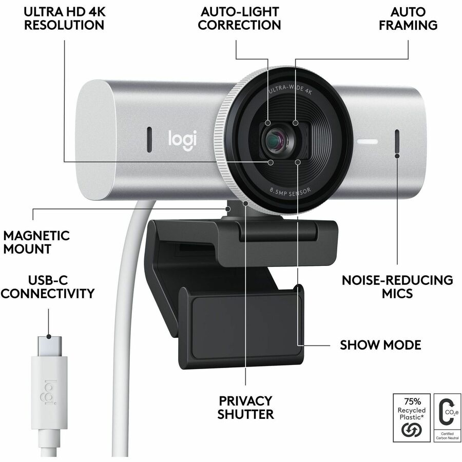 Logitech MX Brio 4K HD Webcam With 1080p60 Dual Mics, AI-Enhanced Image Quality & Show Mode