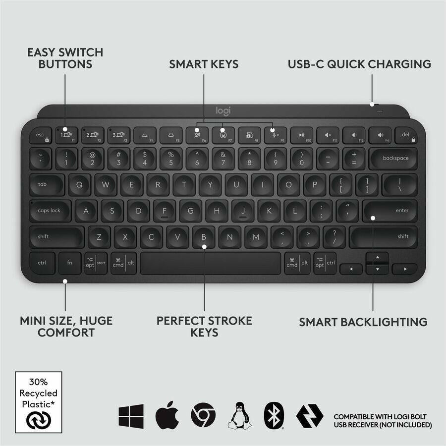 Logitech MX Keys Mini Wireless Backlit Keyboard - Smart Illumination, Multi-Device Connectivity, USB-C Rechargeable