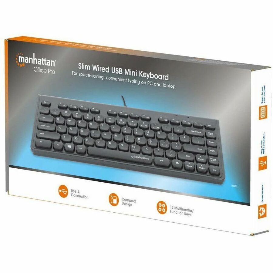 Manhattan Slim Wired USB Mini Keyboard - Compact Design, 12 Multimedia Keys, Comfortable Typing