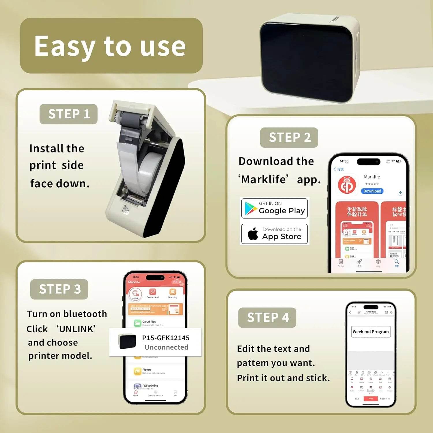 Marklife P15 Mini Portable Thermal Printer - Inkless, Self-Adhesive Labels, Compact Design