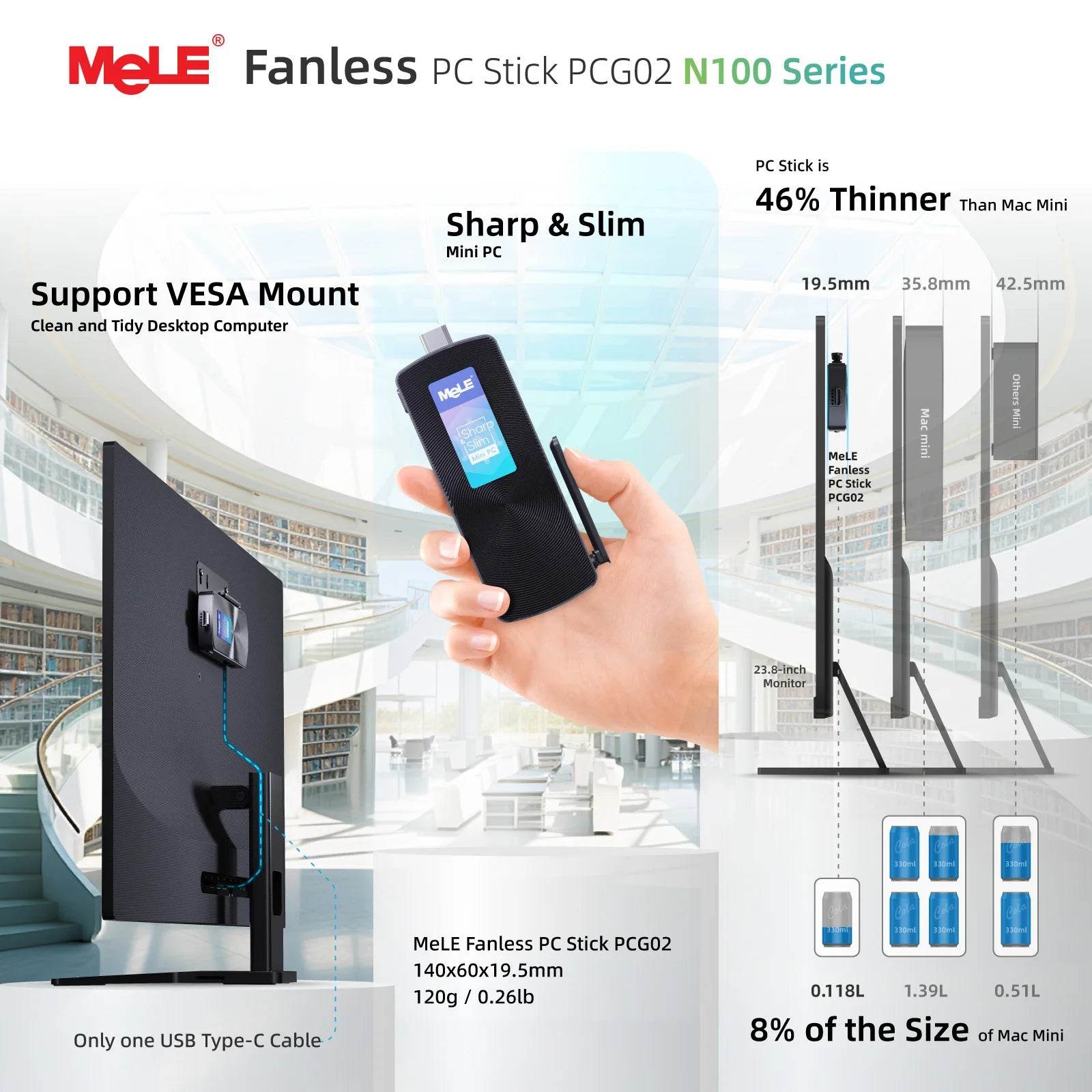 MeLE N100 Mini PC Stick - 8GB RAM, 256GB Storage, 4K HDMI, Fanless Design for Quiet Performance