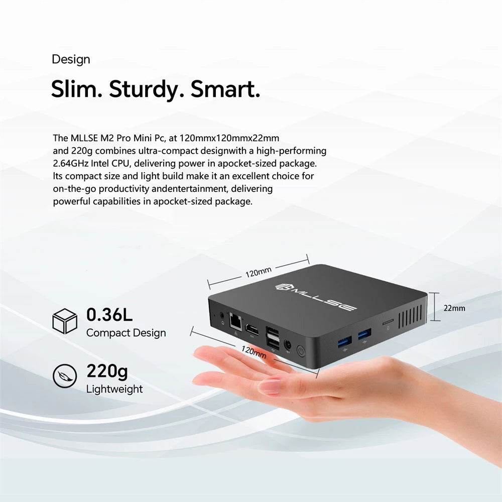 MLLSE M2Pro Mini PC, 8GB RAM, 256GB SSD, Intel J3710, Windows 10, Compact Black Design