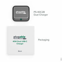 Plugable 40W Dual USB-C Wall Charger - Fast Charge 2 Ports, Low-Profile Design, Smart Power Allocation