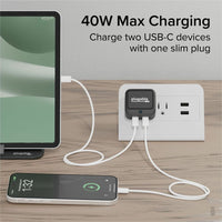 Plugable 40W Dual USB-C Wall Charger - Fast Charge 2 Ports, Low-Profile Design, Smart Power Allocation