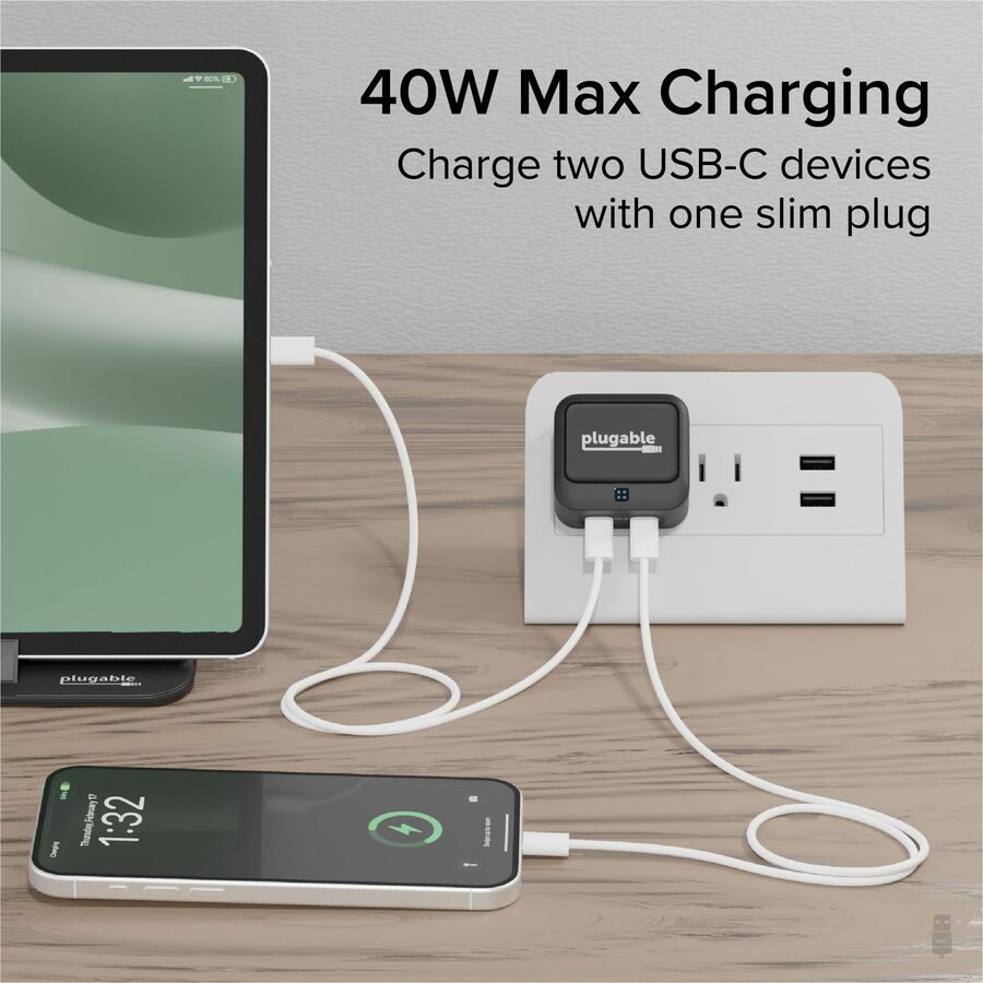 Plugable 40W Dual USB-C Wall Charger - Fast Charge 2 Ports, Low-Profile Design, Smart Power Allocation
