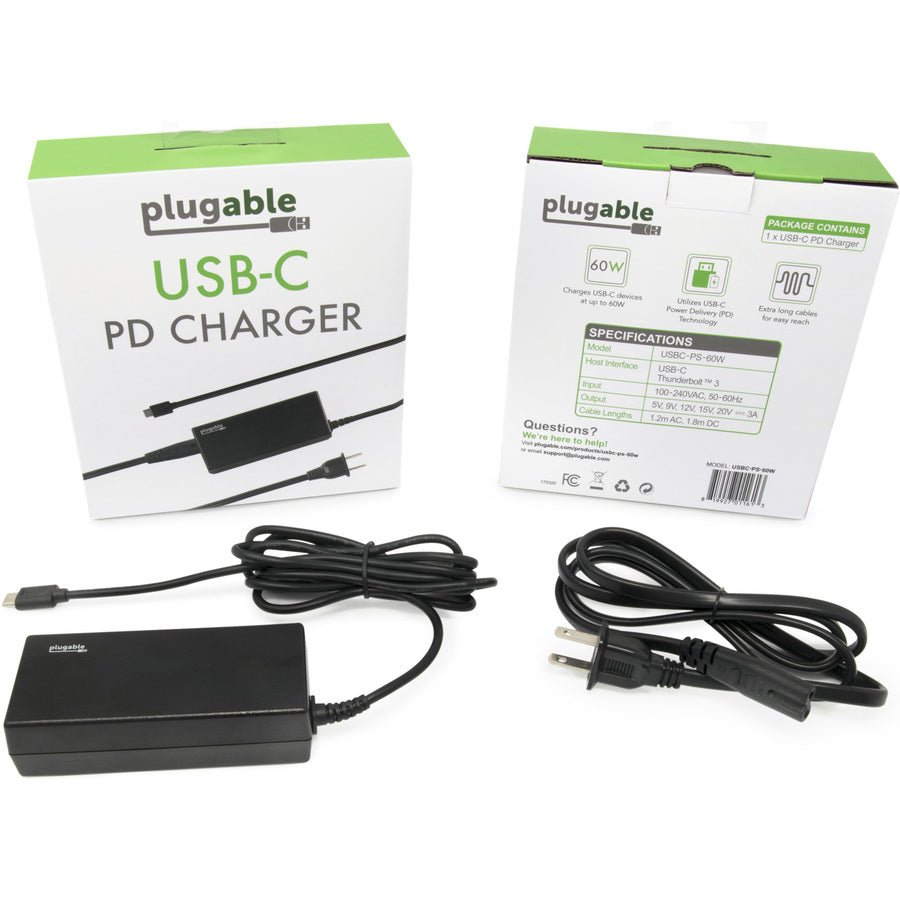 Plugable 60W USB-C Laptop Charger PD Fast Charging, Compact Design, Compatible with MacBook, Dell & More