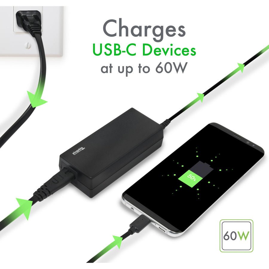Plugable 60W USB-C Laptop Charger PD Fast Charging, Compact Design, Compatible with MacBook, Dell & More