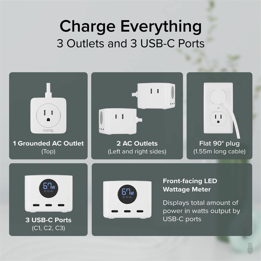 Plugable 67W Triple USB-C Charging Station with 3 Ports & LED Display for Efficient Power Management