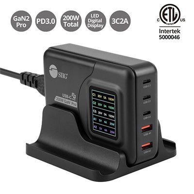 SIIG 200W GaN PD Charger - 5-Port USB-C Fast Charging Station with LCD Display