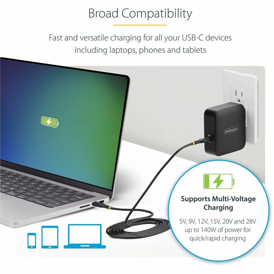 StarTech 140W USB-C GaN Charger with 6ft Cable, PD 3.1, Compact & Safe for MacBook Pro M3 Max