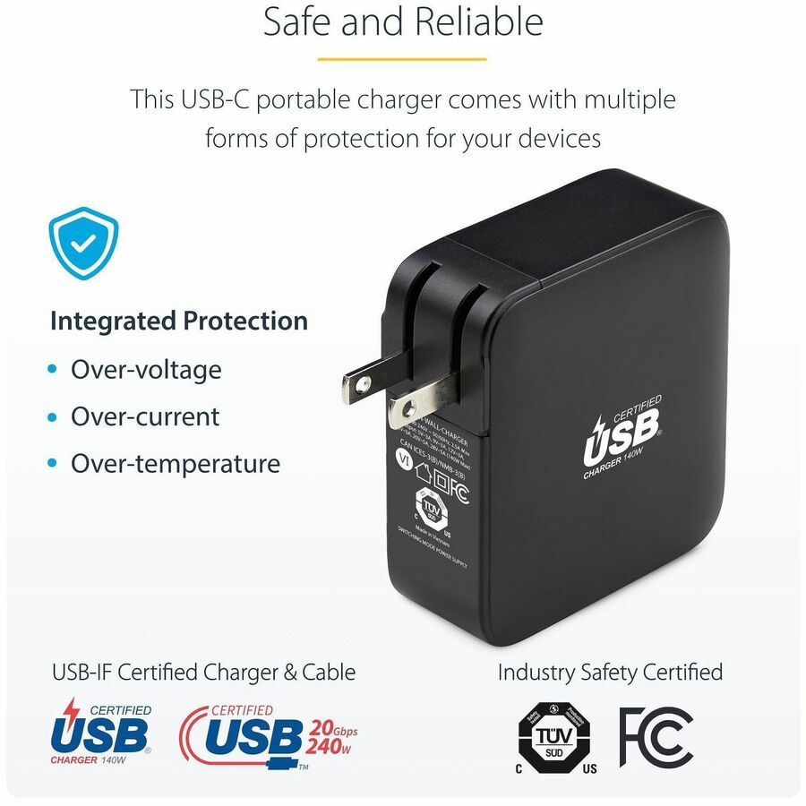StarTech 140W USB-C GaN Charger with 6ft Cable, PD 3.1, Compact & Safe for MacBook Pro M3 Max