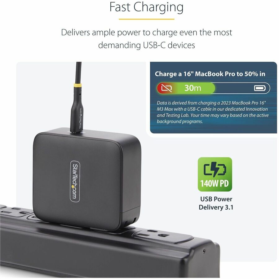 StarTech 140W USB-C GaN Charger with 6ft Cable, PD 3.1, Compact & Safe for MacBook Pro M3 Max