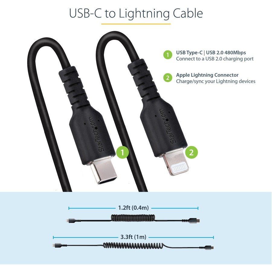 StarTech 1M Coiled USB C to Lightning Cable - MFi Certified, Durable TPE Jacket, Aramid Fiber Reinforced