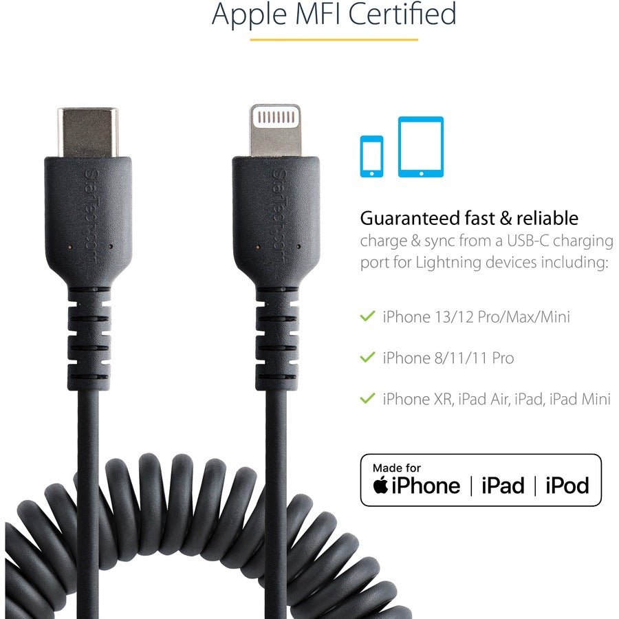 StarTech 1M Coiled USB C to Lightning Cable - MFi Certified, Durable TPE Jacket, Aramid Fiber Reinforced
