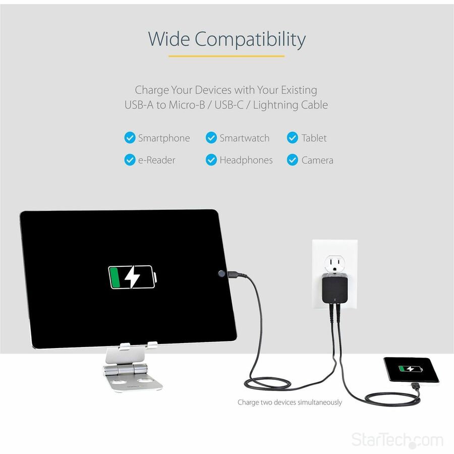 StarTech 2-Port Travel Charger - Black, World Ready, Dual USB, Compact Design, Universal Adapter