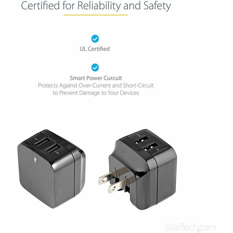 StarTech 2-Port Travel Charger - Black, World Ready, Dual USB, Compact Design, Universal Adapter