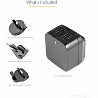 StarTech 2-Port Travel Charger - Black, World Ready, Dual USB, Compact Design, Universal Adapter
